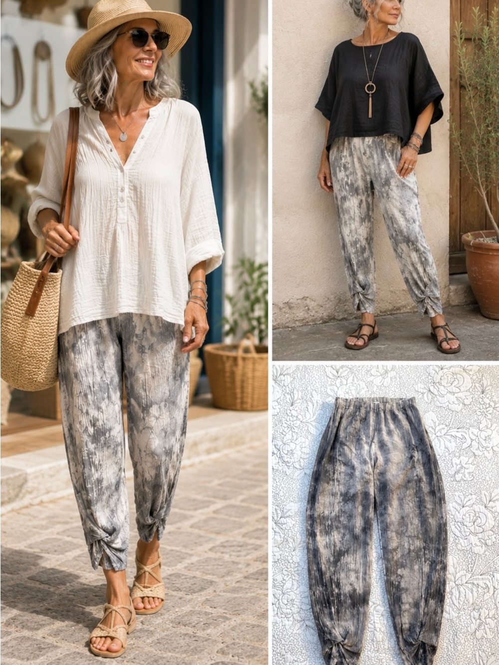 💥Oh My Gauze! Gray Tie Dye Crinkle Gauze Cotton Twist Ankle Pants Sz 1 (S/M)🧡